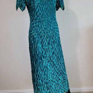 Vintage Laurence Kazar Teal Scale Sequin Size M Maxi Dress Art Deco Glam Gatsby